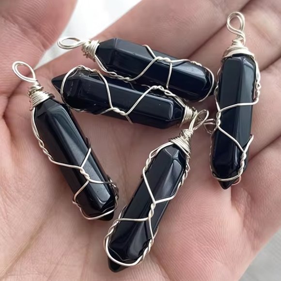 Black Obsidian Natural Gemstone Hexagonal Point Wire Wrapped Pendant Necklace - Picture 2 of 2